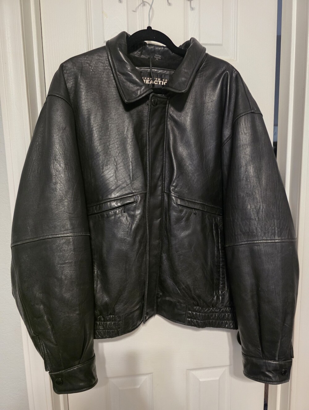 Kenneth Cole Reaction Black Leather Bomber with Welt Pockets